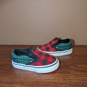 Vans Kids Plaid Slip-On Shoes - Red and Green